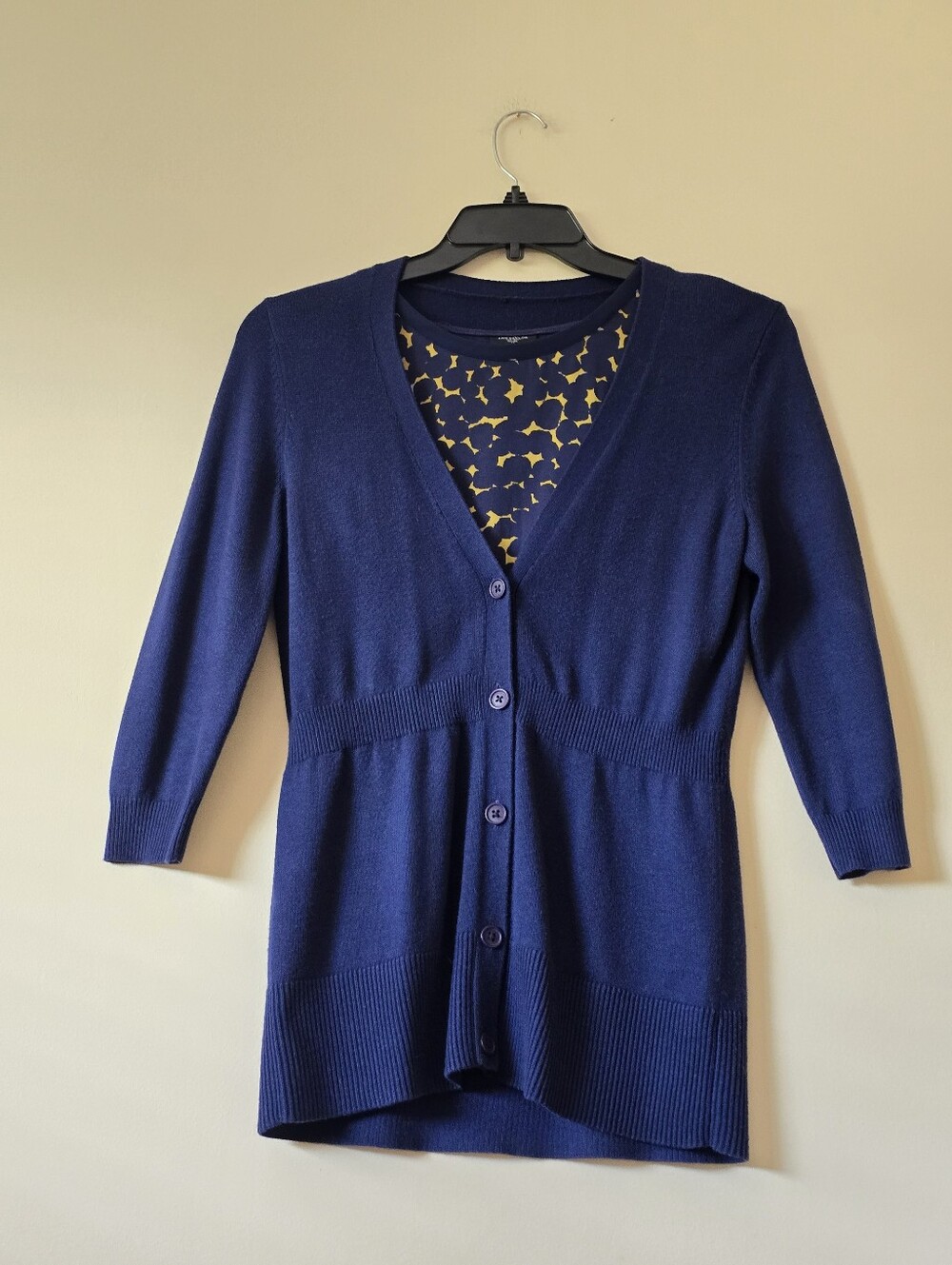 Ann Taylor Twinset Navy Blue Cardigan& Matching Navy Blue and Yellow Shell SzPM